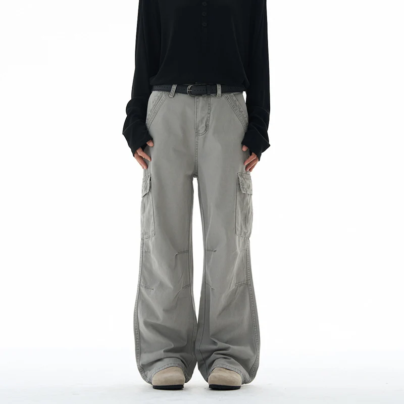 Damen Weitgeschnittene Cargo-Hose mit hoher Taille und aufgesetzten Taschen Drune