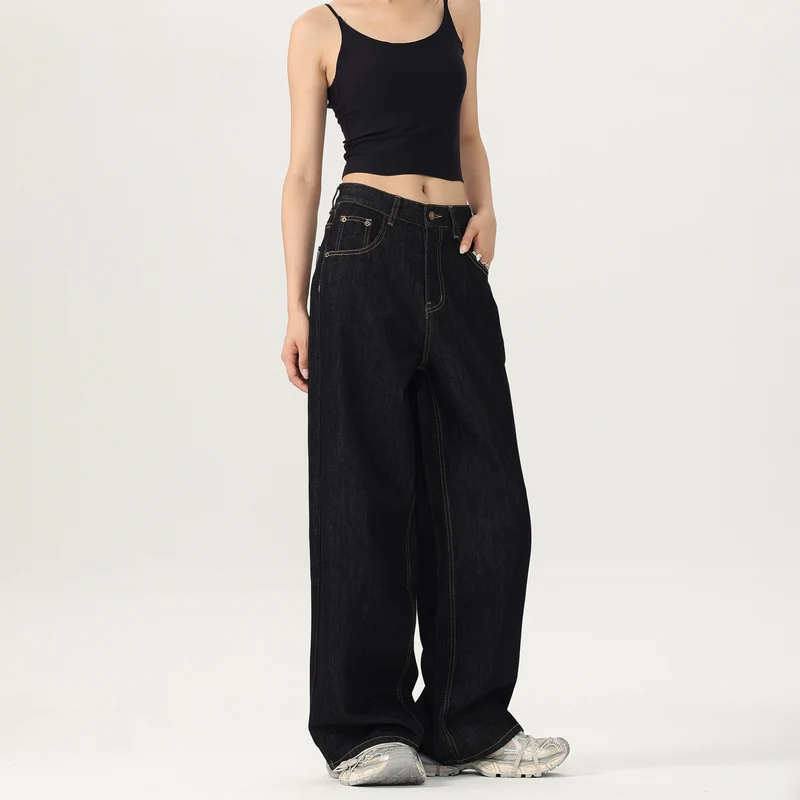 Damen Weite tiefsitzende Baggy-Denimhose im Marlene-Stil mit Kontrastnähten Drune