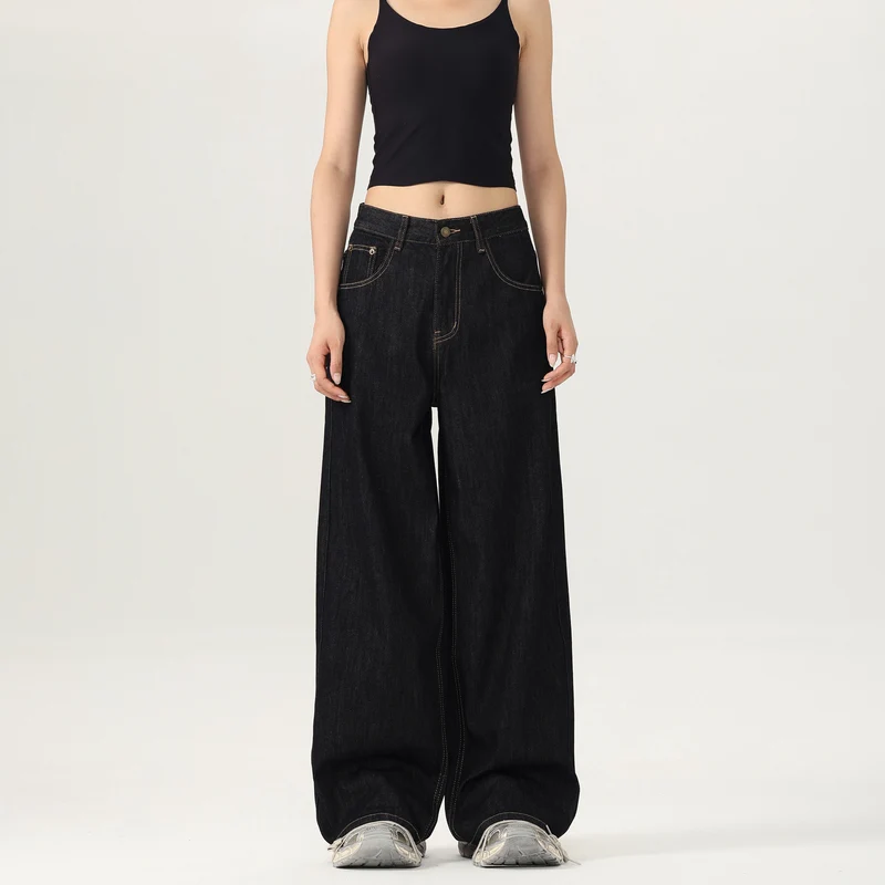 Damen Weite tiefsitzende Baggy-Denimhose im Marlene-Stil mit Kontrastnähten Drune