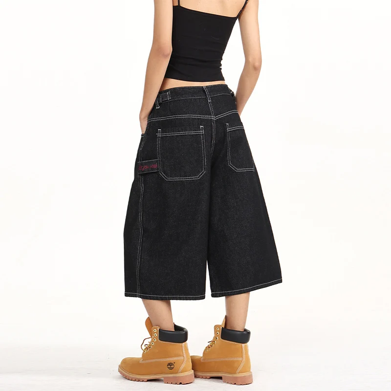 Damen Weite Denim-Culotte im Palazzoschnitt mit sichtbaren Kontrastnähten Drune