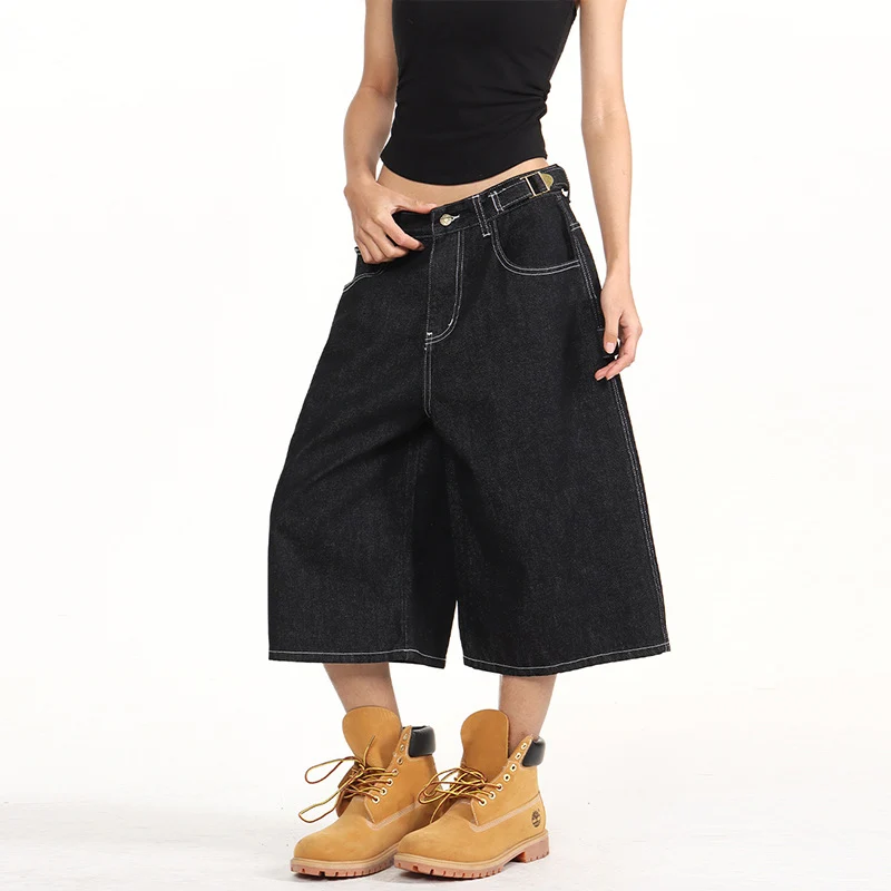 Damen Weite Denim-Culotte im Palazzoschnitt mit sichtbaren Kontrastnähten Drune