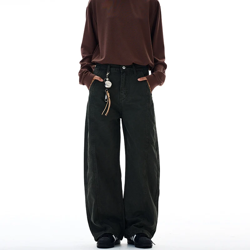 Damen weite Cargo-Hose mit hoher Taille und markanten Nahtdetails Drune