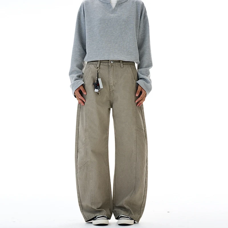 Damen weite Cargo-Hose mit hoher Taille und markanten Nahtdetails Drune