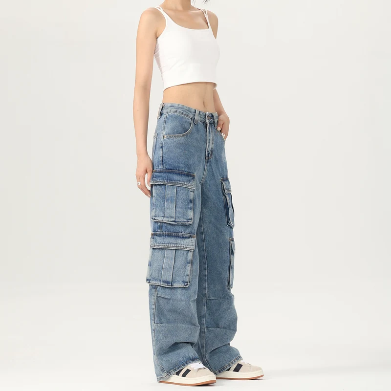 Damen Weite Cargo-Denimhose mit mehreren Klappentaschen und Baggy‑Silhouette Drune