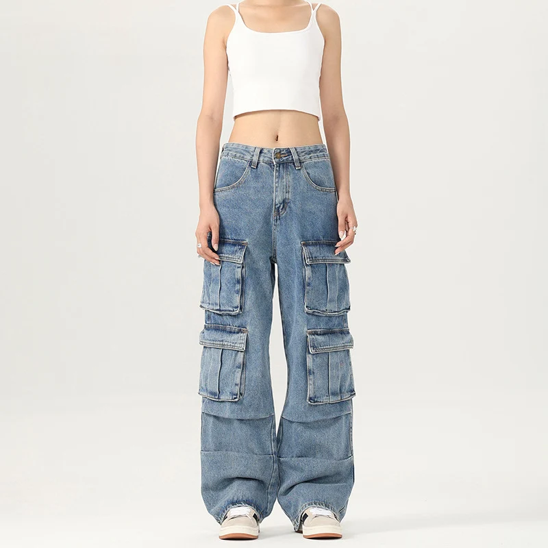 Damen Weite Cargo-Denimhose mit mehreren Klappentaschen und Baggy‑Silhouette Drune