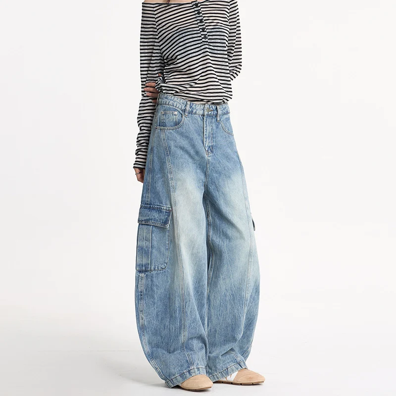Damen Weite Cargo-Denim-Palazzohose im Baggy-Cut Drune
