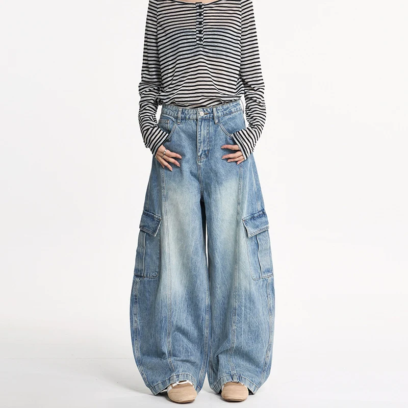 Damen Weite Cargo-Denim-Palazzohose im Baggy-Cut Drune
