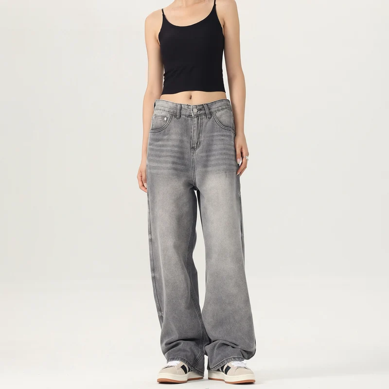 Damen Weitbeinige Stonewashed-Denim-Jeans mit tiefer Bundlinie und verlängertem Saum Drune