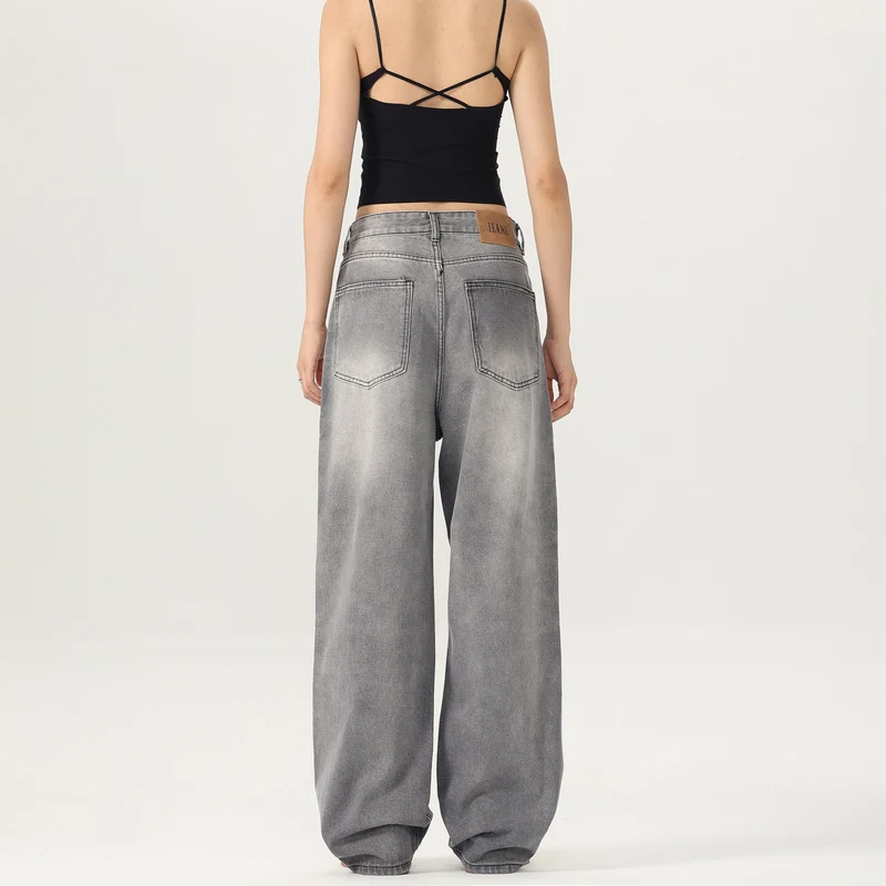 Damen Weitbeinige Stonewashed-Denim-Jeans mit tiefer Bundlinie und verlängertem Saum Drune
