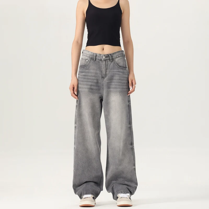 Damen Weitbeinige Stonewashed-Denim-Jeans mit tiefer Bundlinie und verlängertem Saum Drune