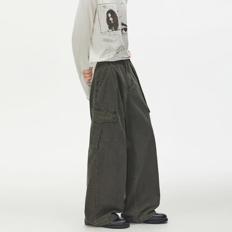 Damen Weit geschnittene Cargo-Palazzohose aus gebürstetem Baumwoll-Twill mit tiefem Schritt und aufgesetzten Klappentaschen Drune