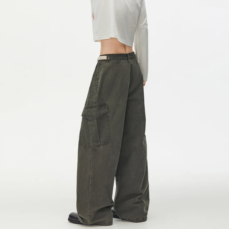 Damen Weit geschnittene Cargo-Palazzohose aus gebürstetem Baumwoll-Twill mit tiefem Schritt und aufgesetzten Klappentaschen Drune