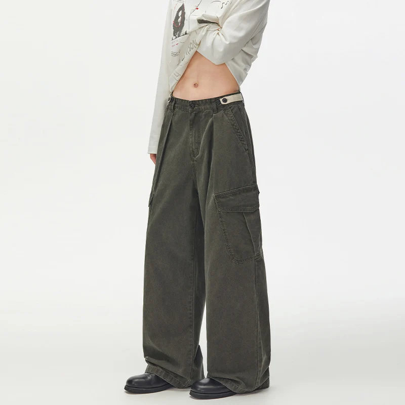 Damen Weit geschnittene Cargo-Palazzohose aus gebürstetem Baumwoll-Twill mit tiefem Schritt und aufgesetzten Klappentaschen Drune