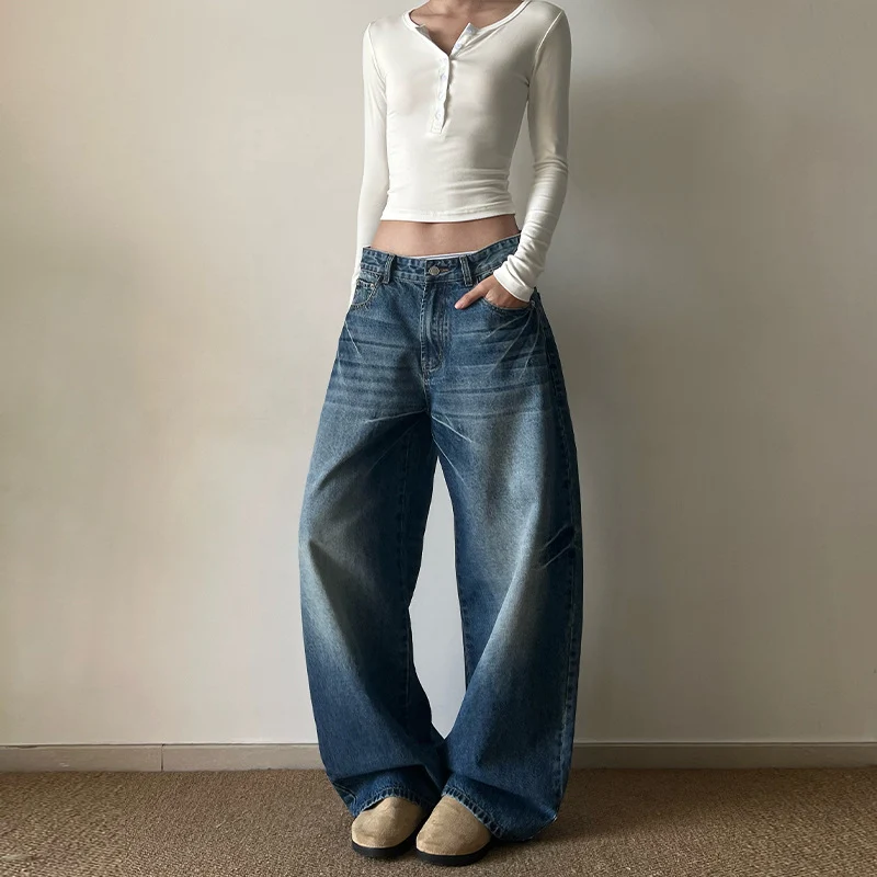 Damen Ultraweite Vintage-Denim Marlene-Jeans mit soften Used-Falten und bodenlangem Saum Drune