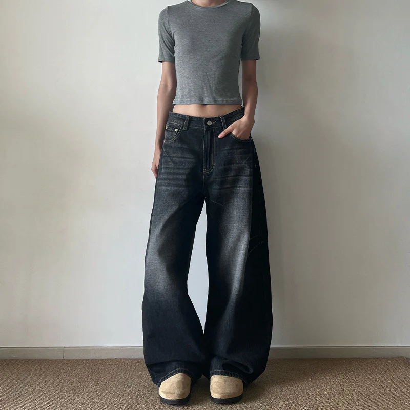Damen Ultraweite Vintage-Denim Marlene-Jeans mit soften Used-Falten und bodenlangem Saum Drune
