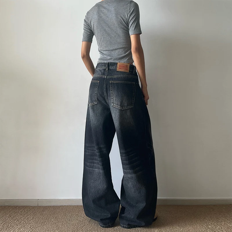 Damen Ultraweite Vintage-Denim Marlene-Jeans mit soften Used-Falten und bodenlangem Saum Drune