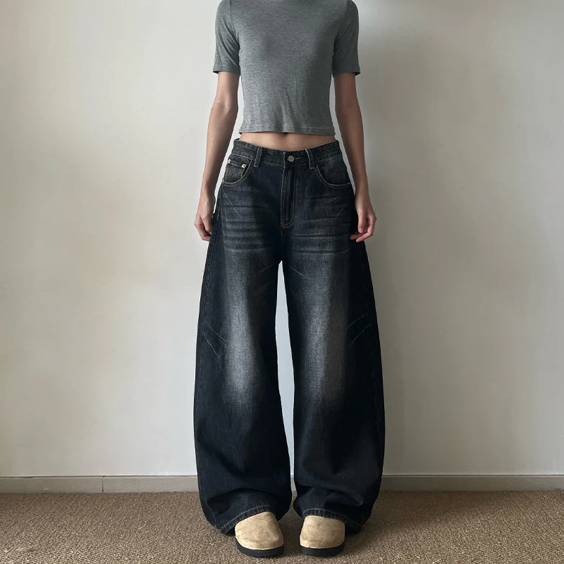 Damen Ultraweite Vintage-Denim Marlene-Jeans mit soften Used-Falten und bodenlangem Saum Drune