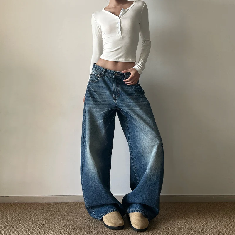 Damen Ultraweite Vintage-Denim Marlene-Jeans mit soften Used-Falten und bodenlangem Saum Drune