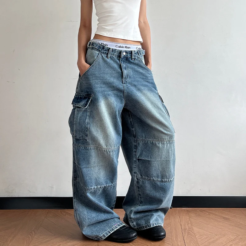 Damen Ultraweite Palazzodenim-Cargohose mit tiefem Schritt und übergroßen Klappentaschen Drune