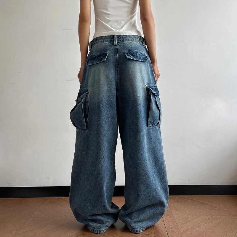Damen Ultraweite Palazzodenim-Cargohose mit tiefem Schritt und übergroßen Klappentaschen Drune