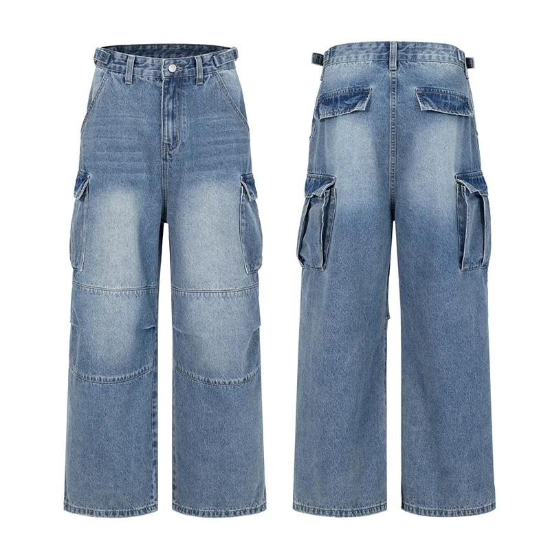 Damen Ultraweite Palazzodenim-Cargohose mit tiefem Schritt und übergroßen Klappentaschen Drune