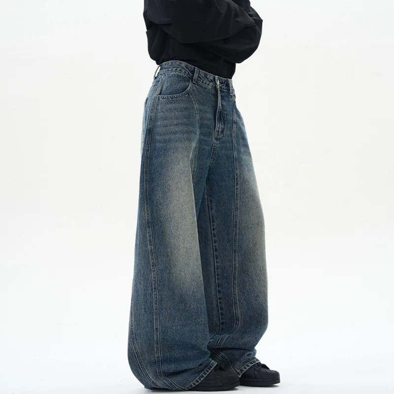 Damen Ultraweite hochgeschnittene Jeans-Palazzohose aus Vintage-Jeansstoff mit tiefem Schritt und skulpturaler Nahtführung Drune