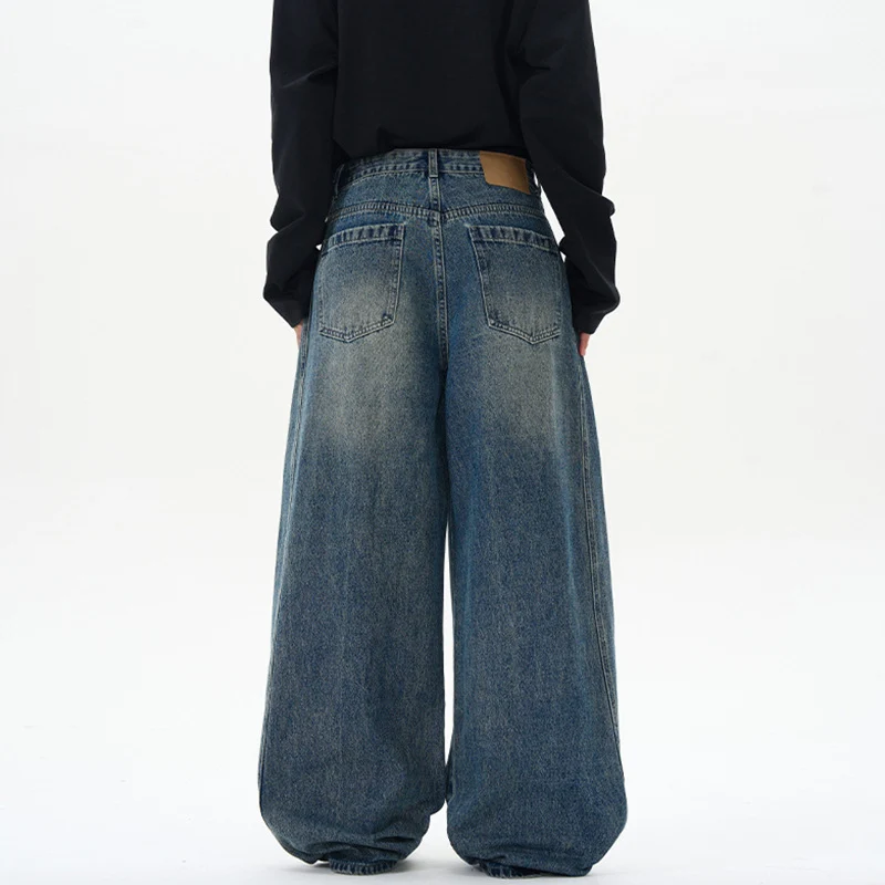 Damen Ultraweite hochgeschnittene Jeans-Palazzohose aus Vintage-Jeansstoff mit tiefem Schritt und skulpturaler Nahtführung Drune