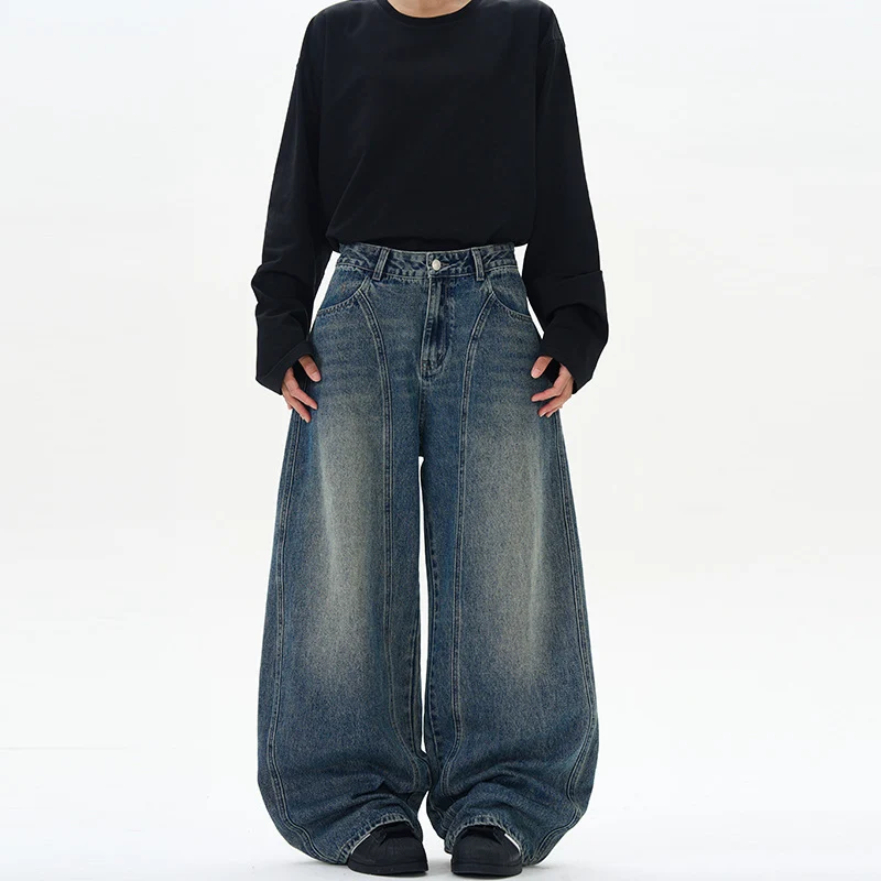 Damen Ultraweite hochgeschnittene Jeans-Palazzohose aus Vintage-Jeansstoff mit tiefem Schritt und skulpturaler Nahtführung Drune