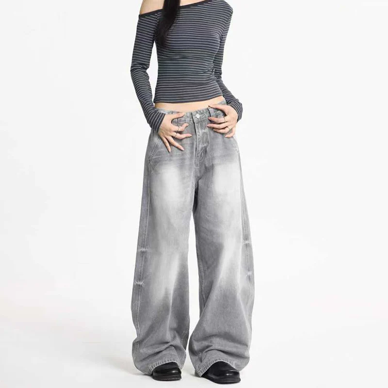 Damen Ultraweite Bodenlange Denim-Palazzohose mit tiefem Schritt und Vintage-Fade Drune