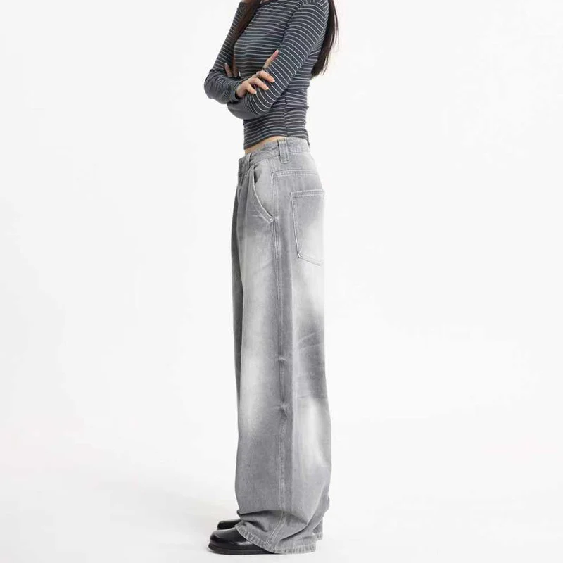Damen Ultraweite Bodenlange Denim-Palazzohose mit tiefem Schritt und Vintage-Fade Drune