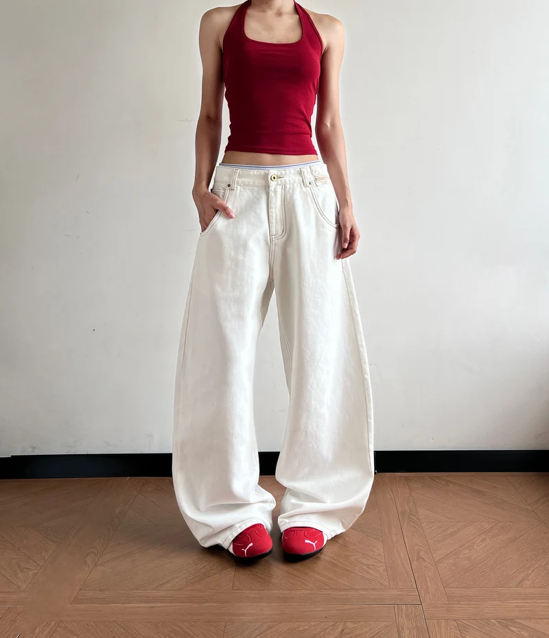 Damen Ultraweit geschnittene Canvas-Five-Pocket-Hose mit tiefer Bundlinie Drune