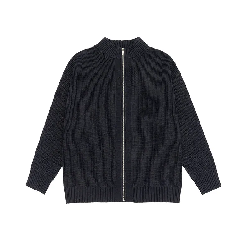 Damen Oversize-Strickjacke mit durchgehendem Reißverschluss und Stehkragen Drune