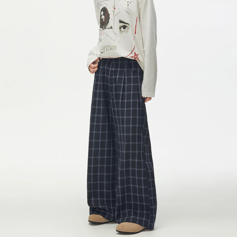 Damen Karierte Extraweite High-Waist Palazzo-Hose mit Knopfleiste Drune