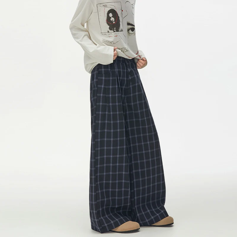 Damen Karierte Extraweite High-Waist Palazzo-Hose mit Knopfleiste Drune