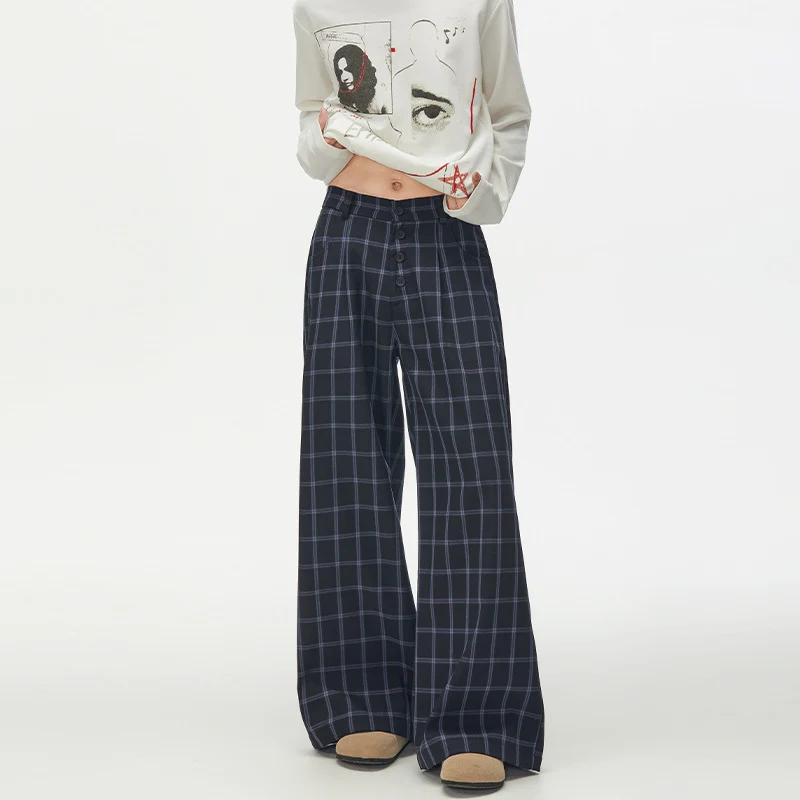 Damen Karierte Extraweite High-Waist Palazzo-Hose mit Knopfleiste Drune