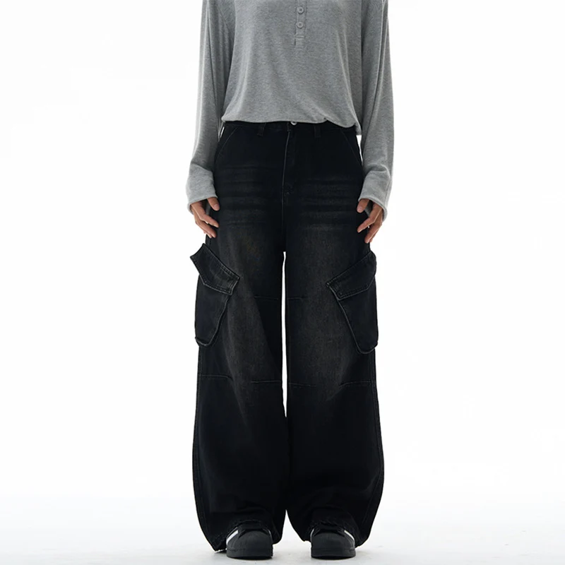 Damen Hochtaillierte Utility-Denim-Palazzohose mit Kniepaneelen und großen Klappentaschen Drune