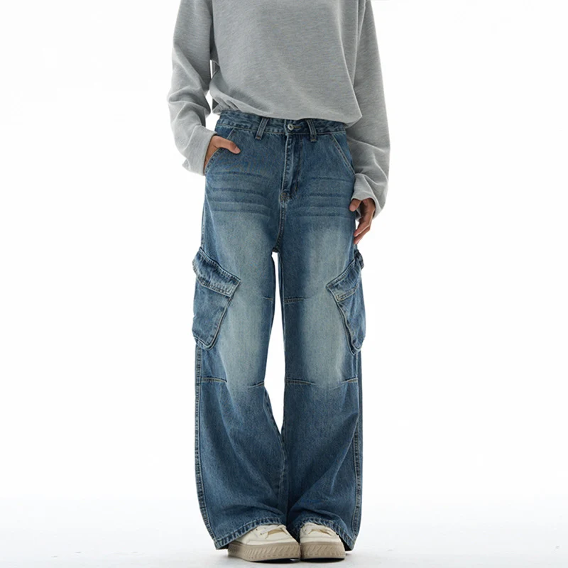 Damen Hochtaillierte Utility-Denim-Palazzohose mit Kniepaneelen und großen Klappentaschen Drune