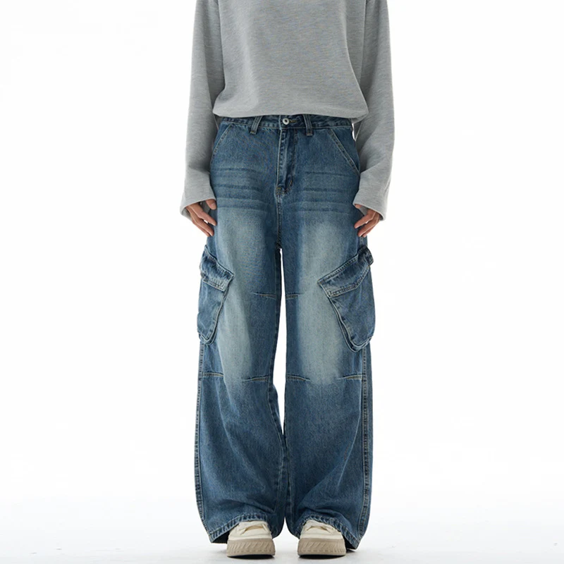 Damen Hochtaillierte Utility-Denim-Palazzohose mit Kniepaneelen und großen Klappentaschen Drune