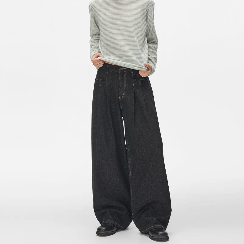 Damen High‑Waist Plissée-Denim-Palazzohose mit ultrabreitem Bein und verlängertem Saum Drune