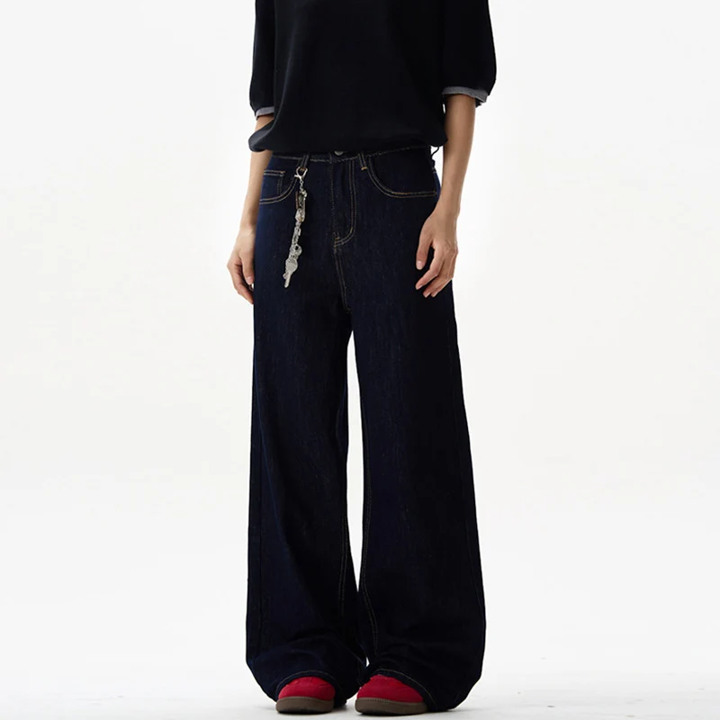 Damen Fließende Oversize-Denim-Palazzohose mit hohem Bund und langen Saumfalten Drune