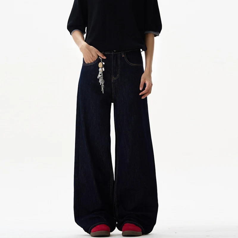 Damen Fließende Oversize-Denim-Palazzohose mit hohem Bund und langen Saumfalten Drune