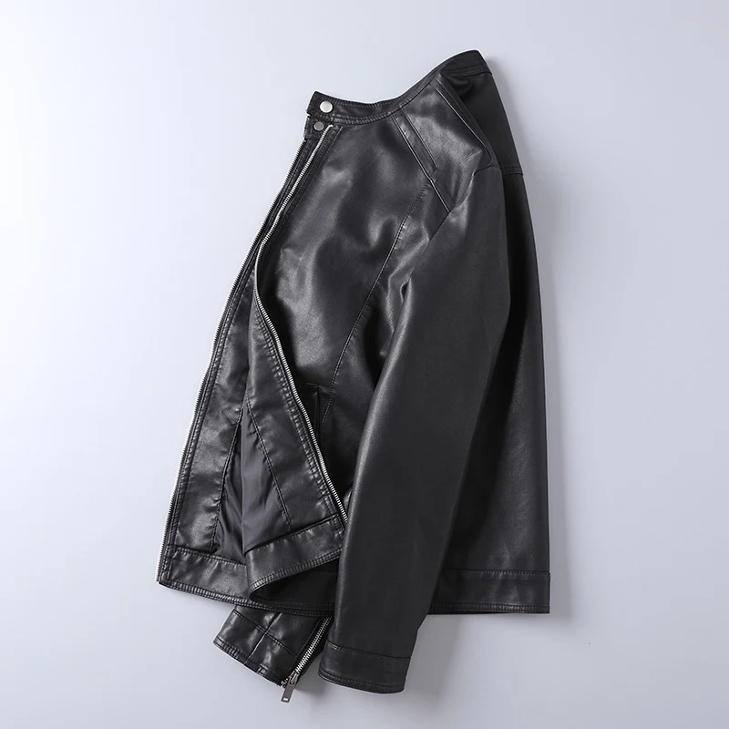 Herren Stilvolle Kunstlederjacke mit hohem Kragen Drune