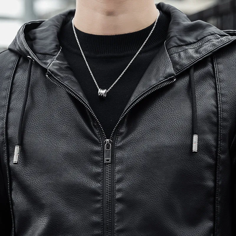 Herren Modische Kunstlederjacke mit verstellbarer Kapuze Drune