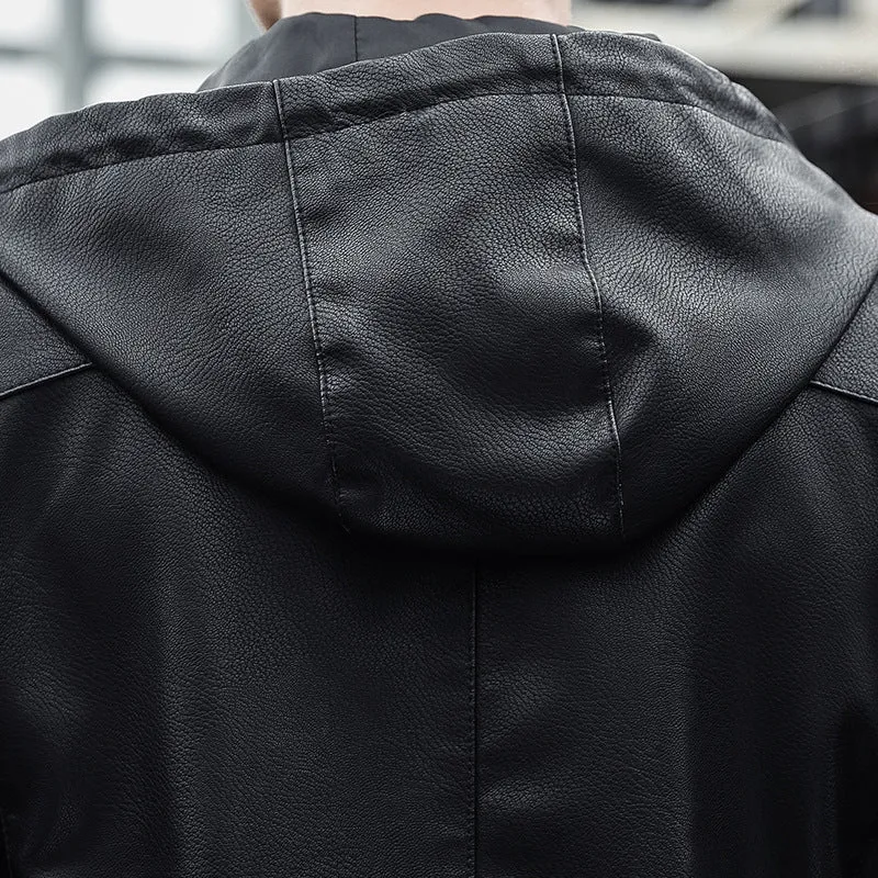 Herren Modische Kunstlederjacke mit verstellbarer Kapuze Drune