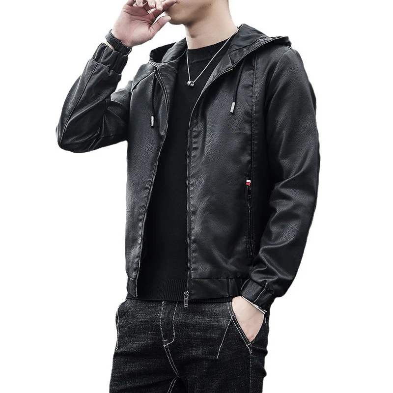 Herren Modische Kunstlederjacke mit verstellbarer Kapuze Drune