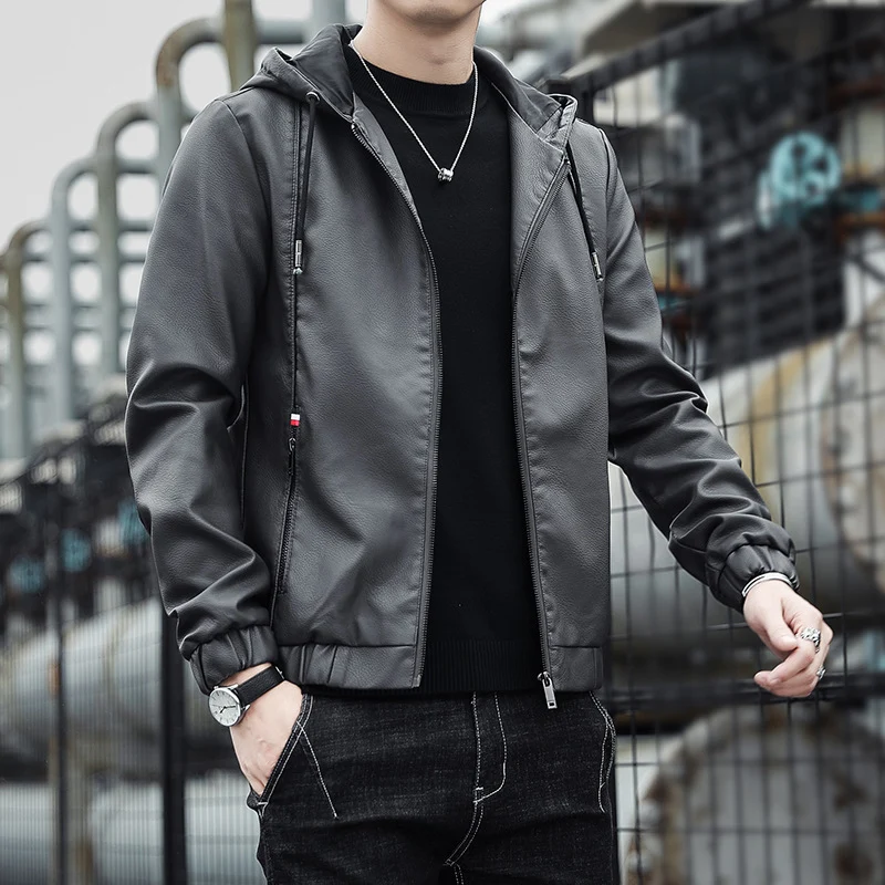 Herren Modische Kunstlederjacke mit verstellbarer Kapuze Drune