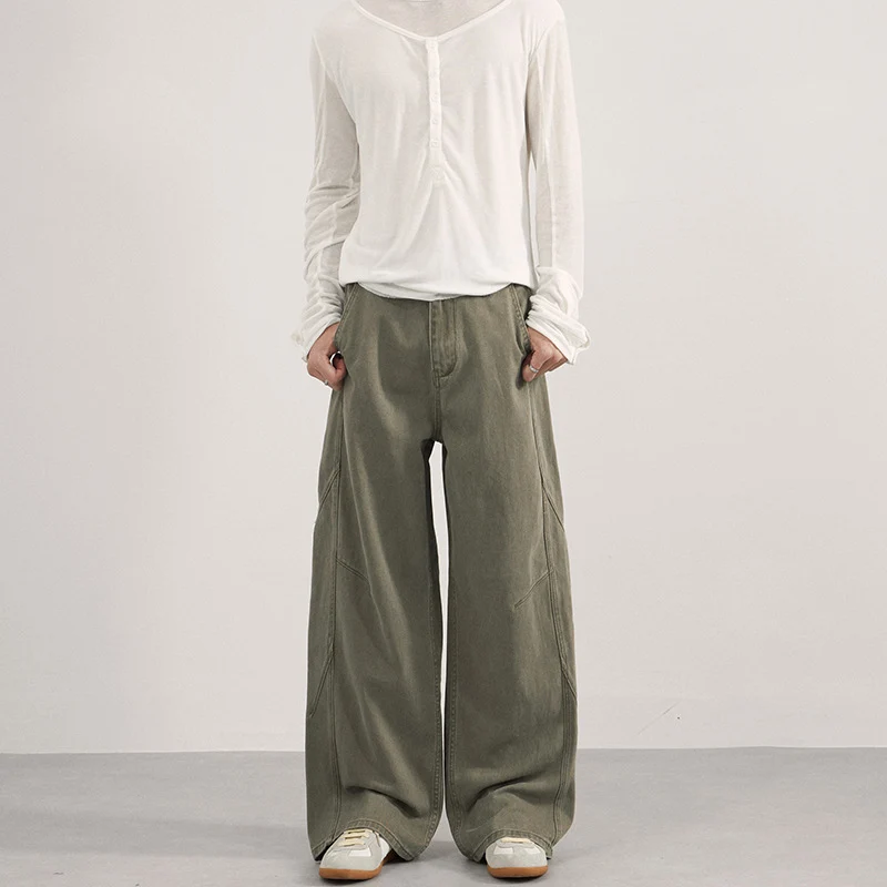 Damen Extraweite Twill‑Palazzohose mit tiefem Schritt und dekorativen Nahtpaneelen Drune