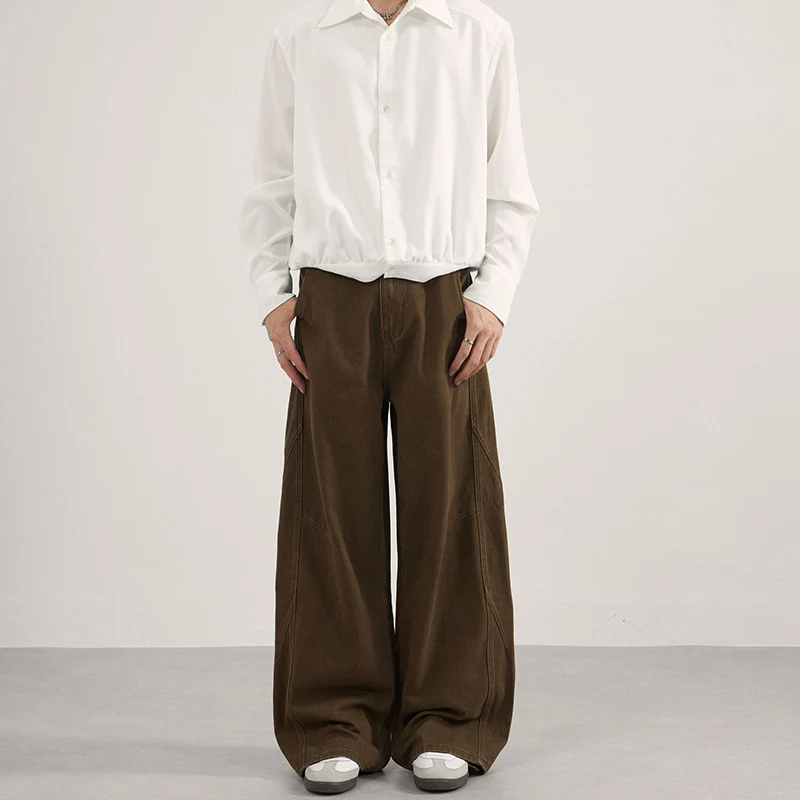 Damen Extraweite Twill‑Palazzohose mit tiefem Schritt und dekorativen Nahtpaneelen Drune