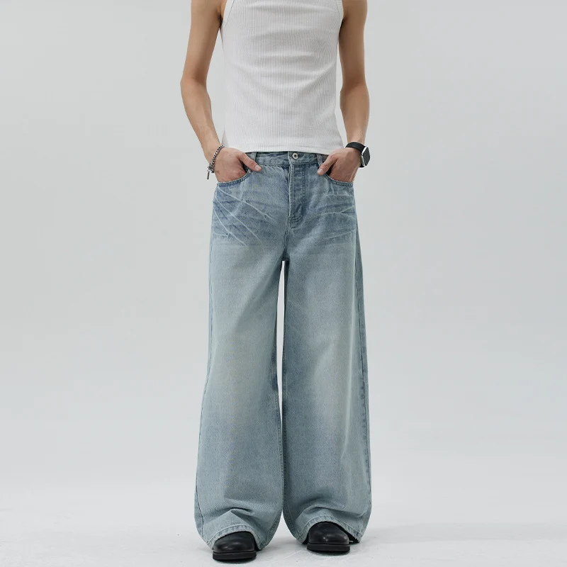 Damen Extraweite Stonewashed Denim-Palazzohose mit tiefem Schritt und geradem Saum Drune