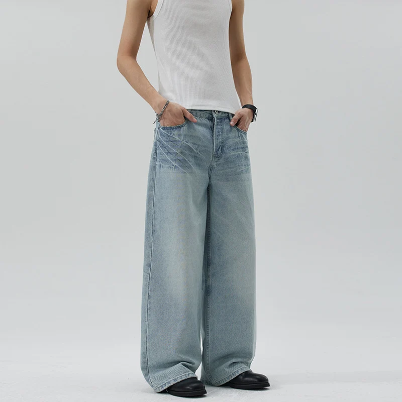 Damen Extraweite Stonewashed Denim-Palazzohose mit tiefem Schritt und geradem Saum Drune